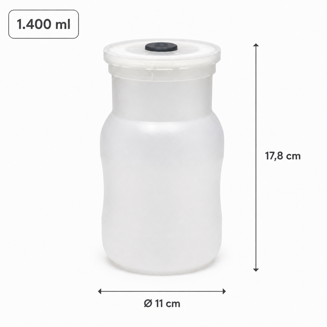 Maße der Pilzzuchtflasche mit Impfport: 1.400 ml, Durchmesser 11 cm, Höhe 17,8 cm