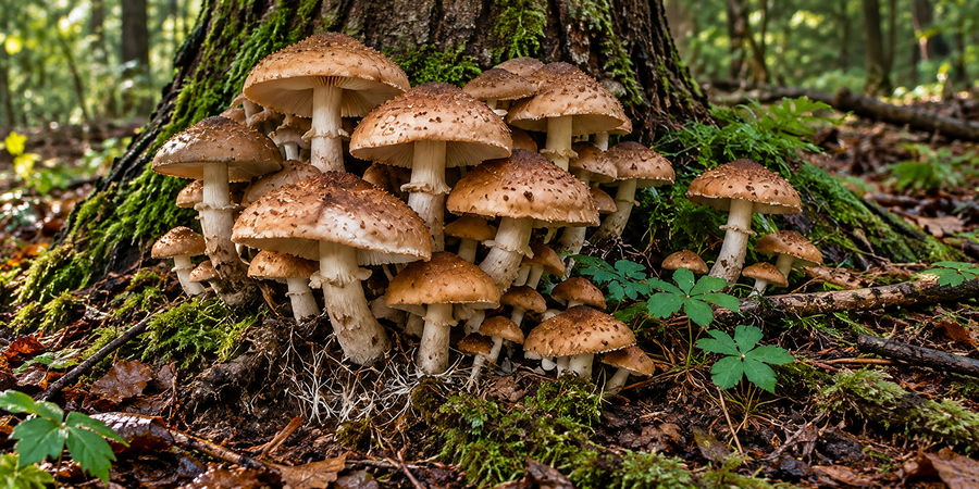 Vollständig sichtbare Hallimaschgruppe am Fuß eines Baumes