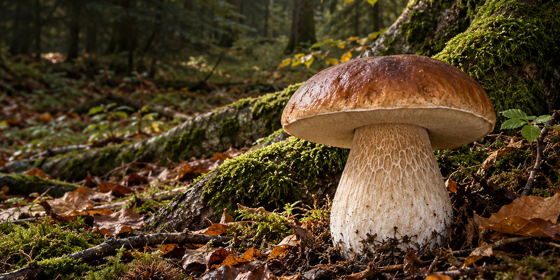 Ein vollständig sichtbarer Steinpilz wächst neben einem lebenden Baum im Wald und steht sinnbildlich für die unterirdische Mykorrhiza zwischen Pilz und Baumwurzeln.
