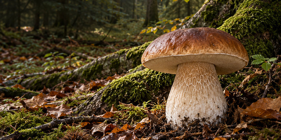 Ein vollständig sichtbarer Steinpilz wächst neben einem lebenden Baum im Wald und steht sinnbildlich für die unterirdische Mykorrhiza zwischen Pilz und Baumwurzeln.