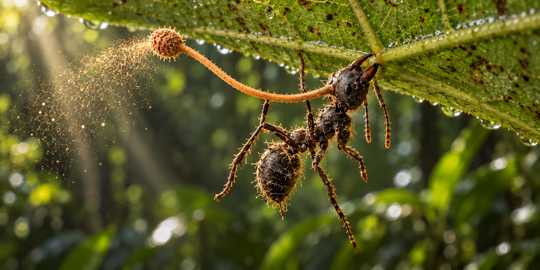 Ophiocordyceps-befallene Ameise hält sich mit den Mandibeln an einer Blattader fest