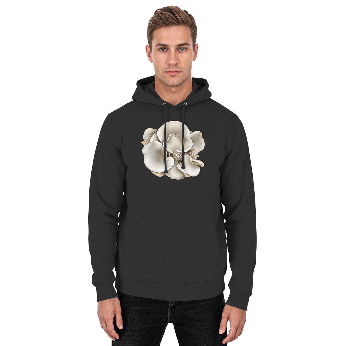 Wilder Lungenseitling – Hoodie für Männer und Frauen – Jet Black – Model Mann