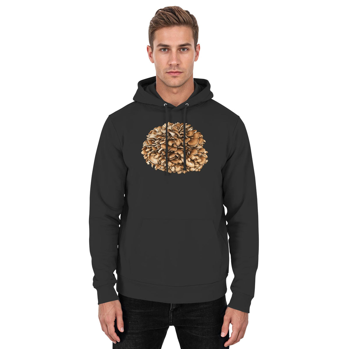 Maitake – Hoodie für Männer und Frauen – Jet Black – Model Mann
