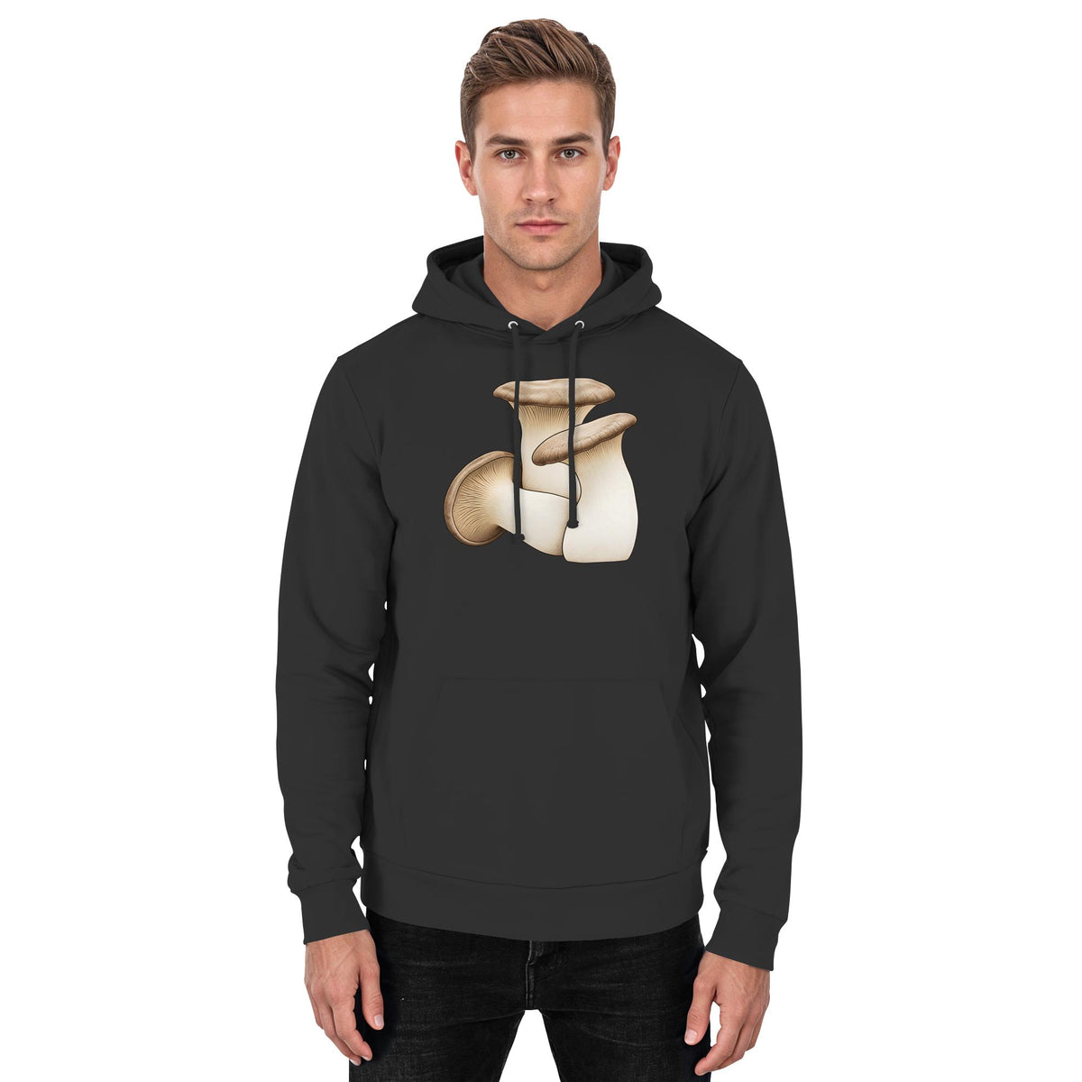 Kräuterseitling – Hoodie für Männer und Frauen – Jet Black – Model Mann