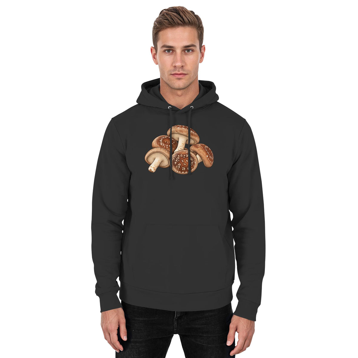 Shiitake – Hoodie für Männer und Frauen – Jet Black – Model Mann