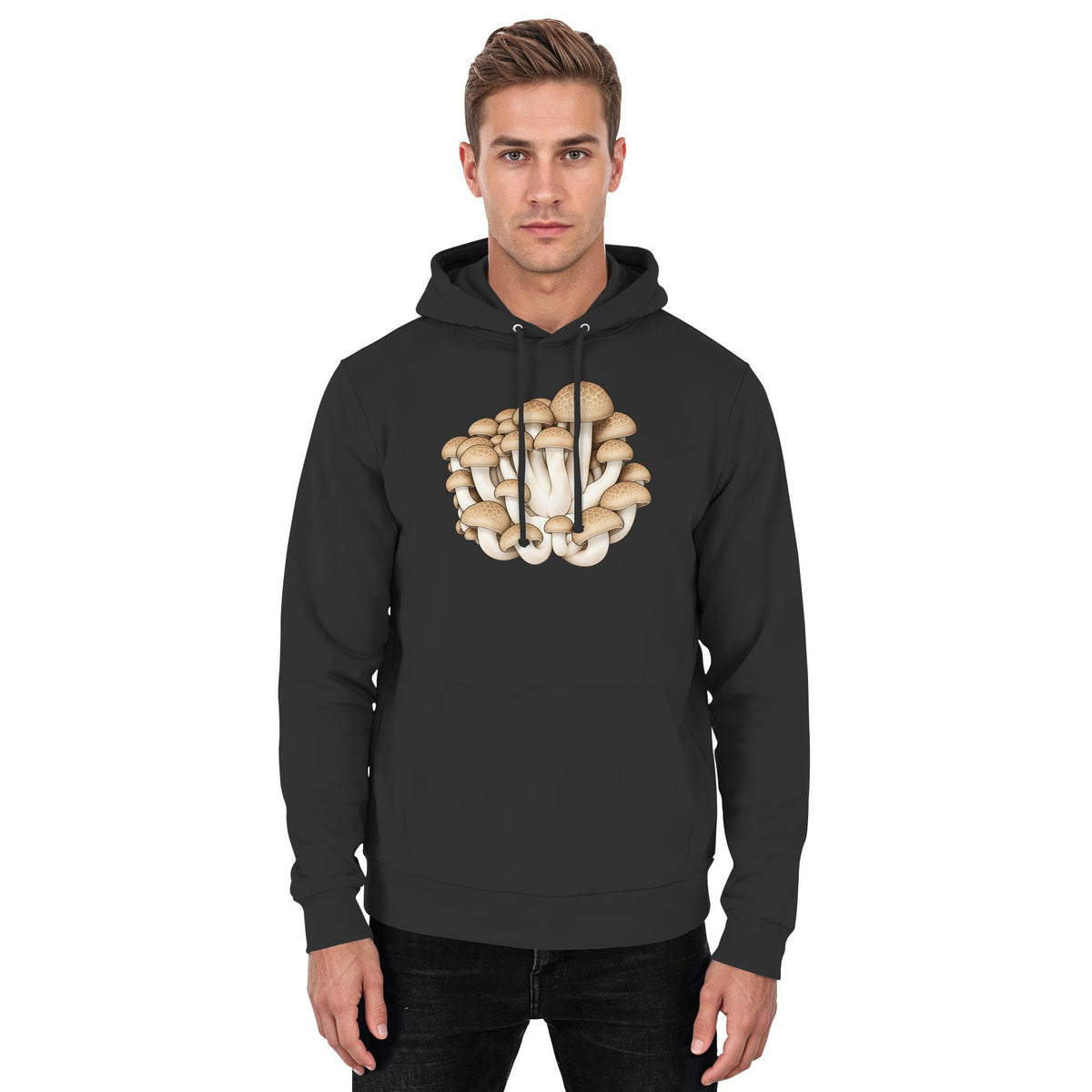 Brauner Shimeji – Hoodie für Männer und Frauen – Jet Black – Model Mann