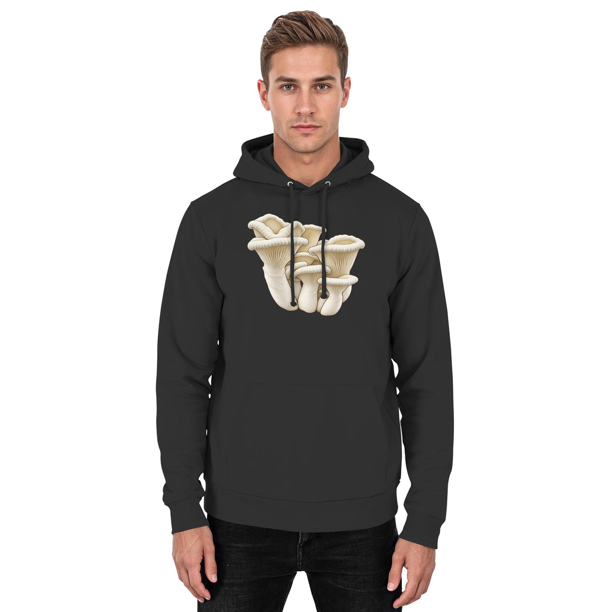 Eichenseitling – Hoodie für Männer und Frauen – Jet Black – Model Mann