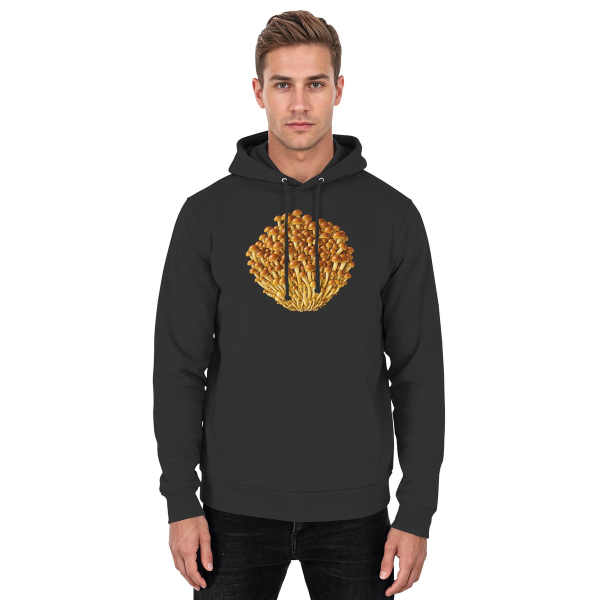 Golden Enoki – Hoodie für Männer und Frauen – Jet Black – Model Mann