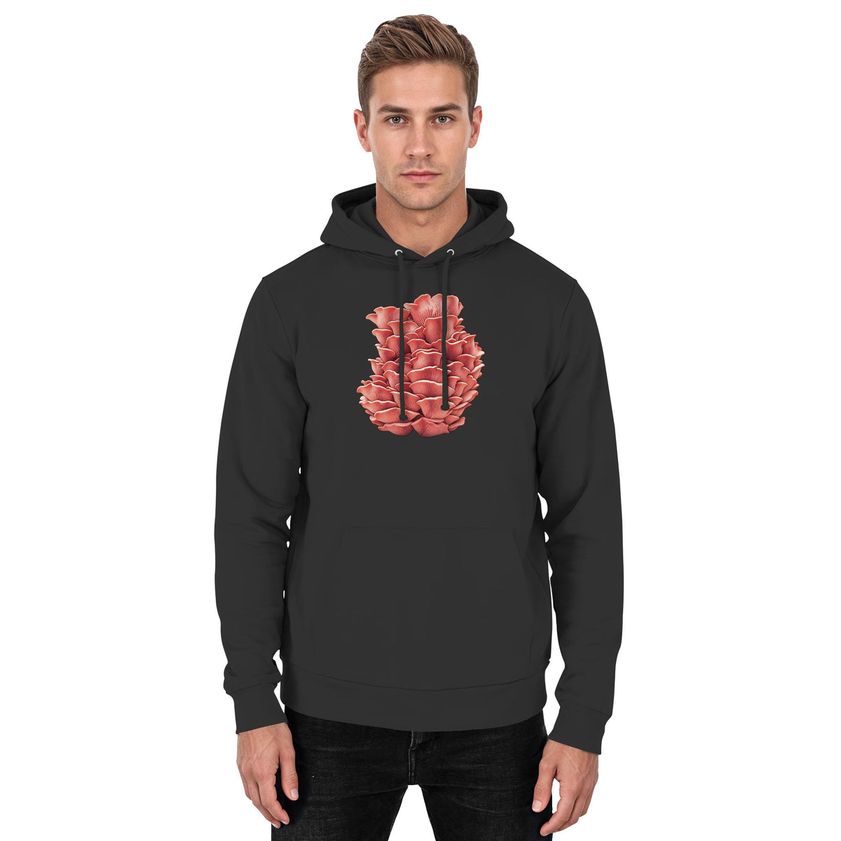 Rosenseitling – Hoodie für Männer und Frauen – Jet Black – Model Mann