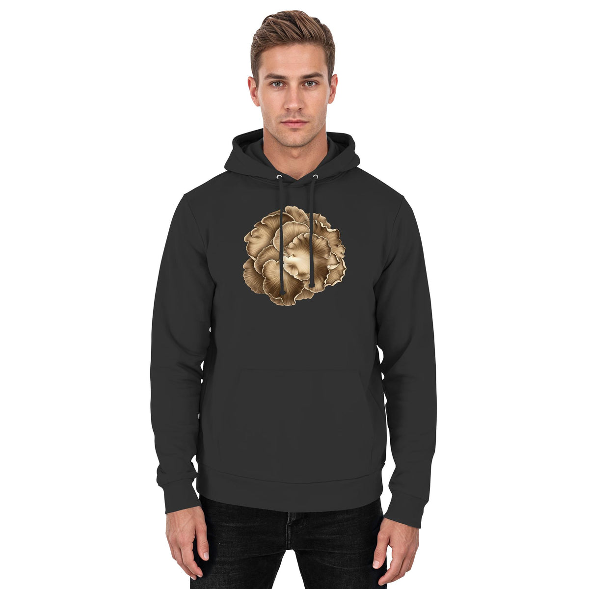 Kastanienseitling – Hoodie für Männer und Frauen – Jet Black – Model Mann