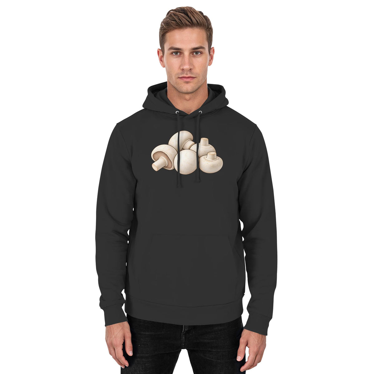 Champignon – Hoodie für Männer und Frauen – Jet Black – Model Mann