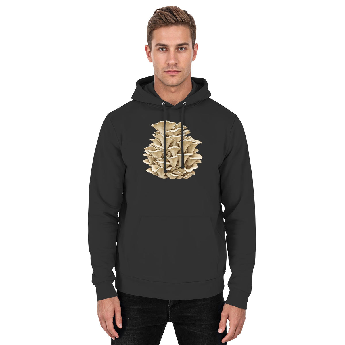 Rillstieliger Seitling – Hoodie für Männer und Frauen – Jet Black – Model Mann