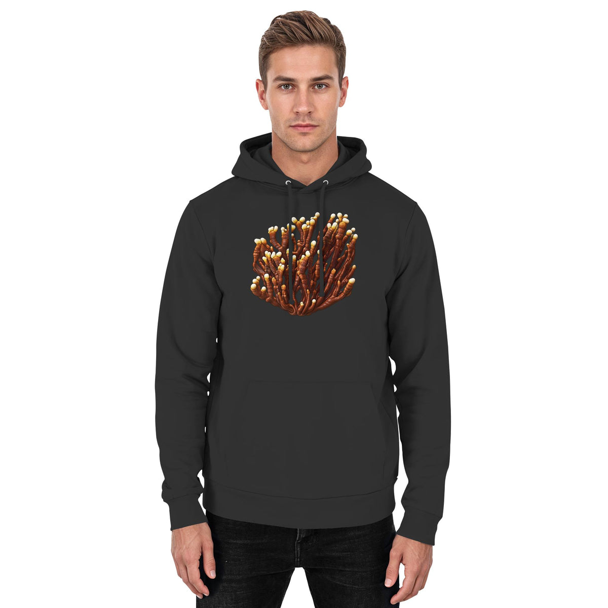 Reishi – Hoodie für Männer und Frauen – Jet Black – Model Mann