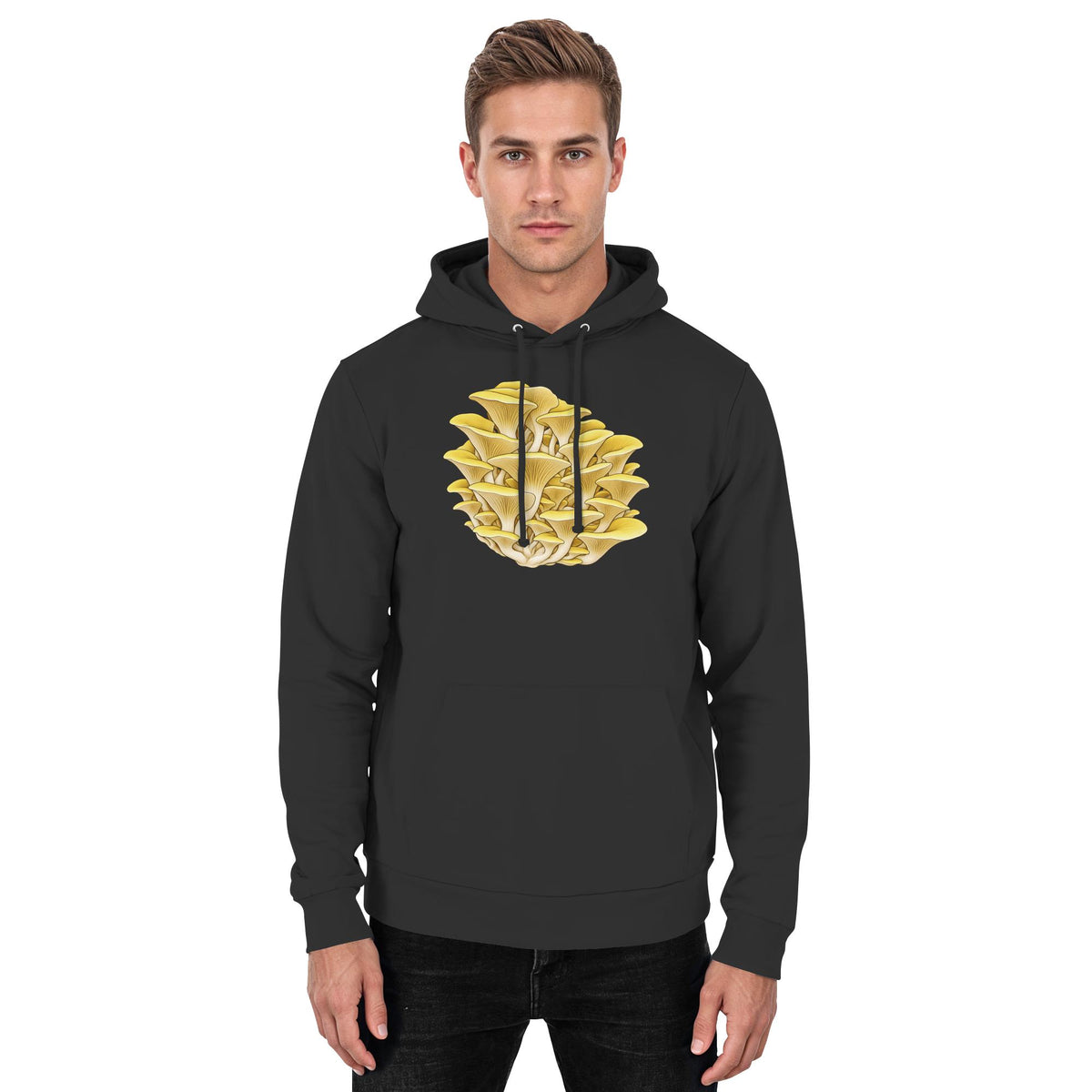 Limonenseitling – Hoodie für Männer und Frauen – Jet Black – Model Mann