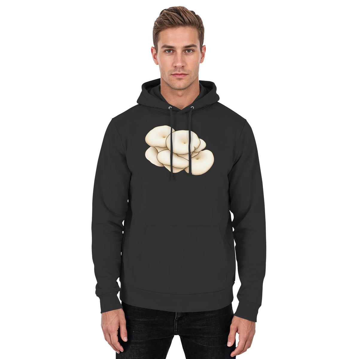 Espenseitling – Hoodie für Männer und Frauen – Jet Black – Model Mann