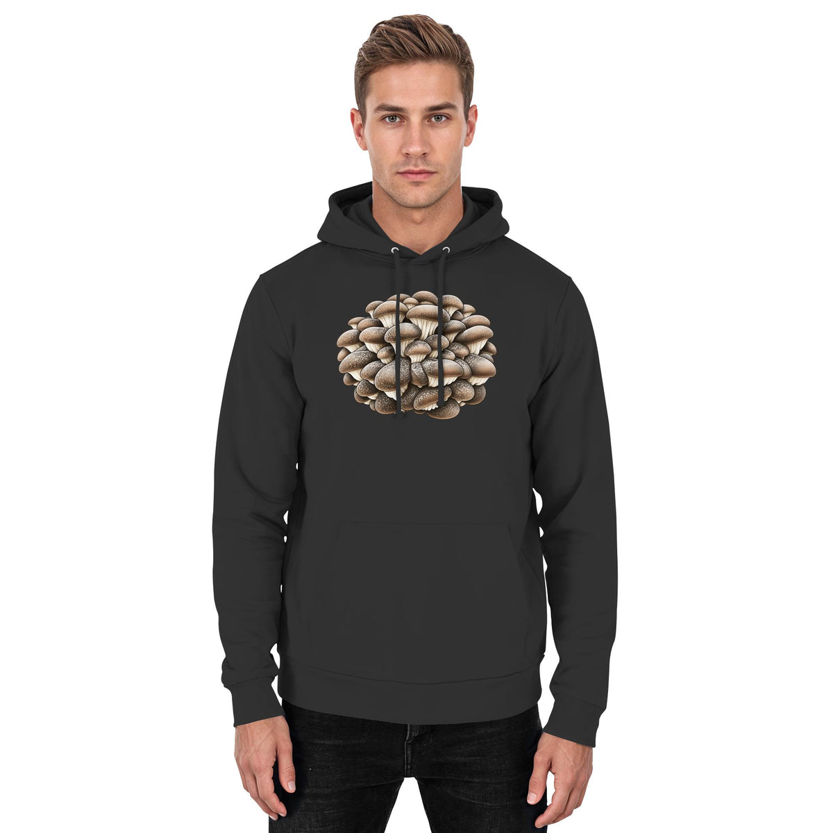 Wilder Austernseitling – Hoodie für Männer und Frauen – Jet Black – Model Mann