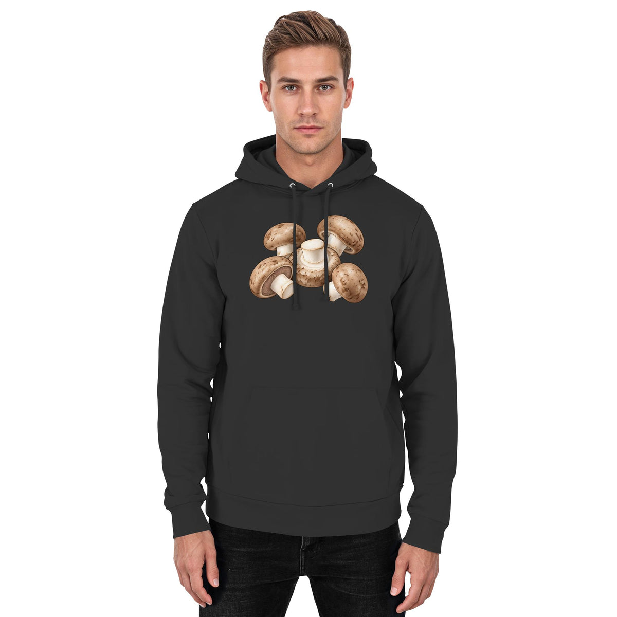 Brauner Champignon – Hoodie für Männer und Frauen – Jet Black – Model Mann