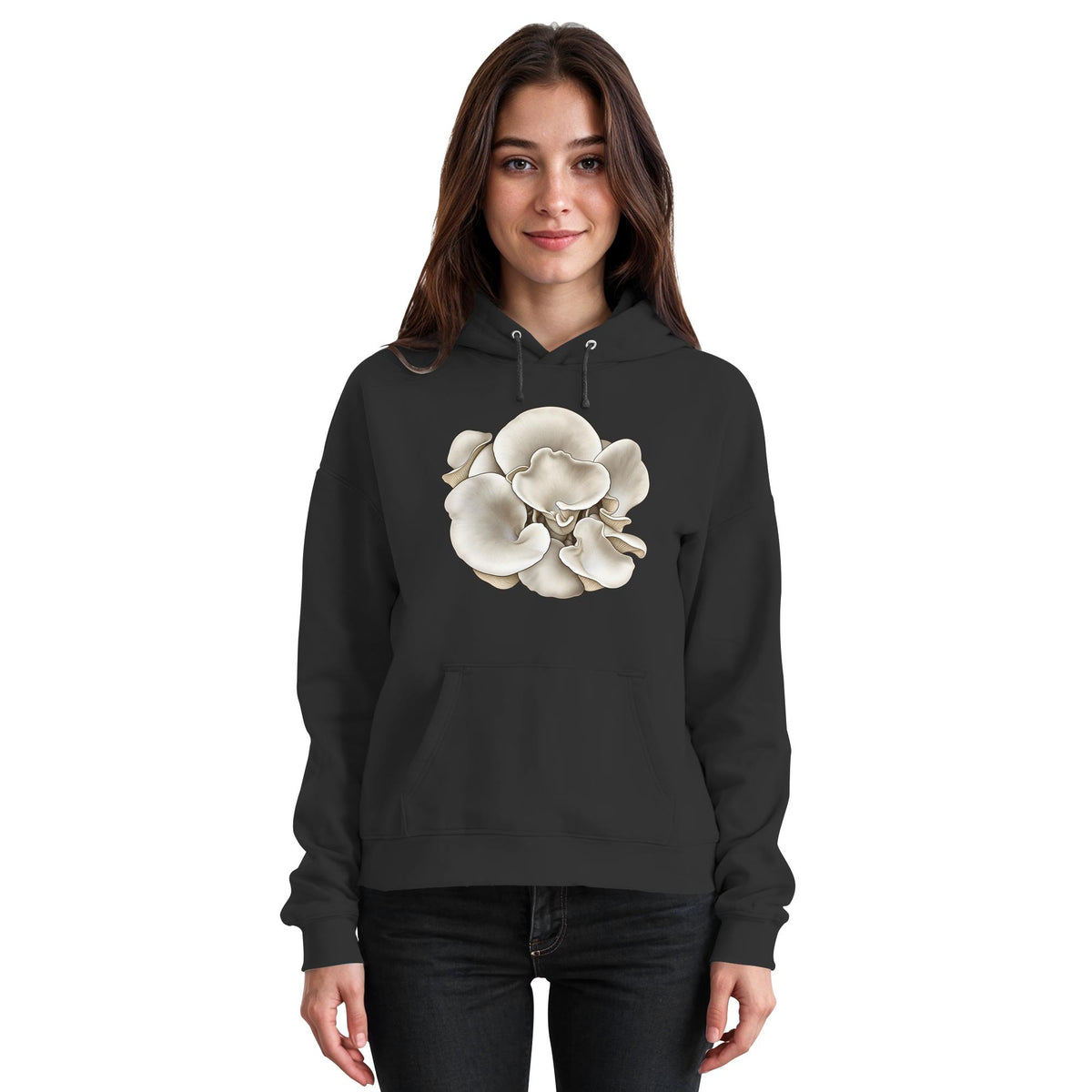 Wilder Lungenseitling – Hoodie für Männer und Frauen – Jet Black – Model Frau