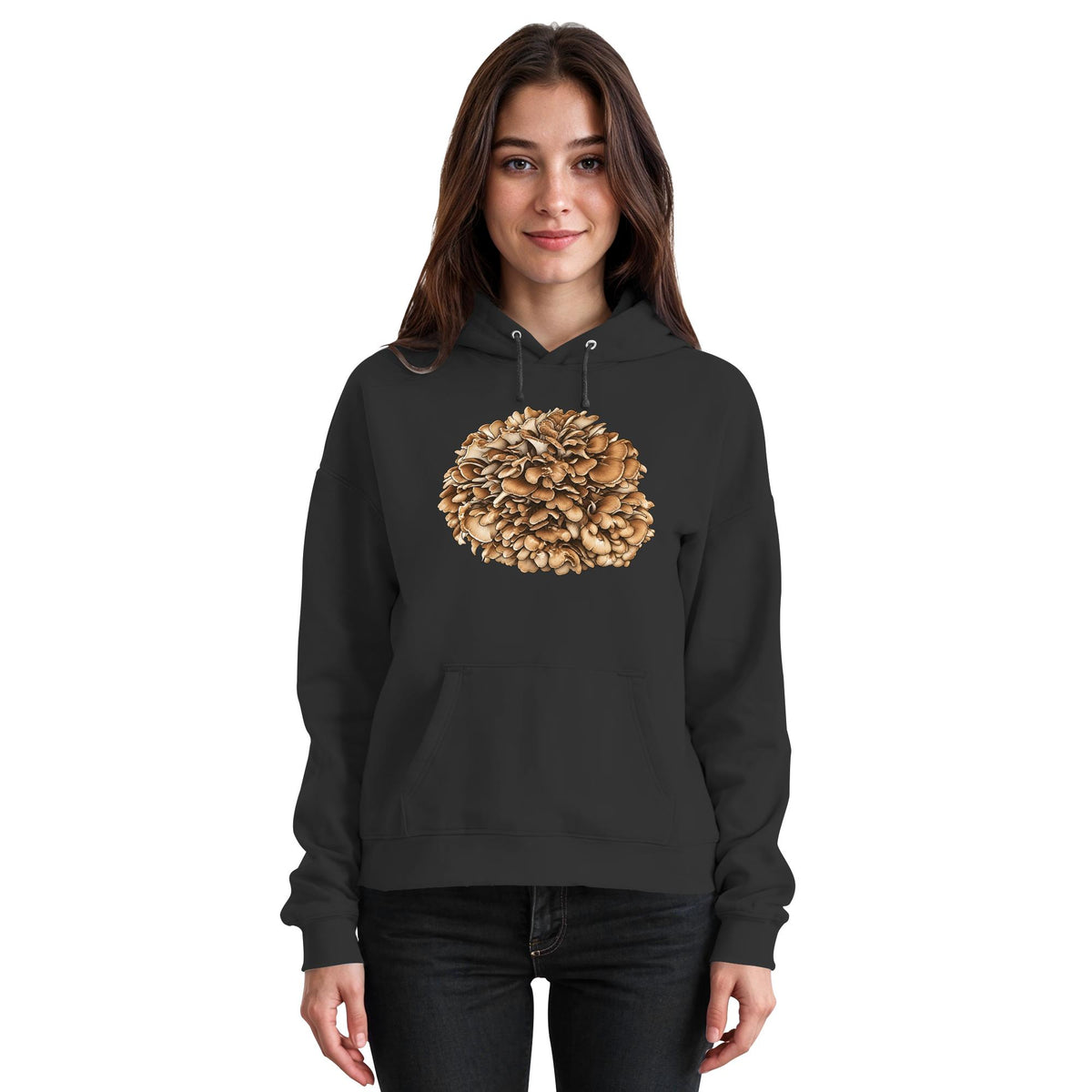 Maitake – Hoodie für Männer und Frauen – Jet Black – Model Frau