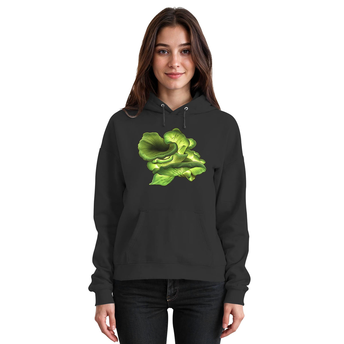 Leuchtpilz – Hoodie für Männer und Frauen – Jet Black – Model Frau