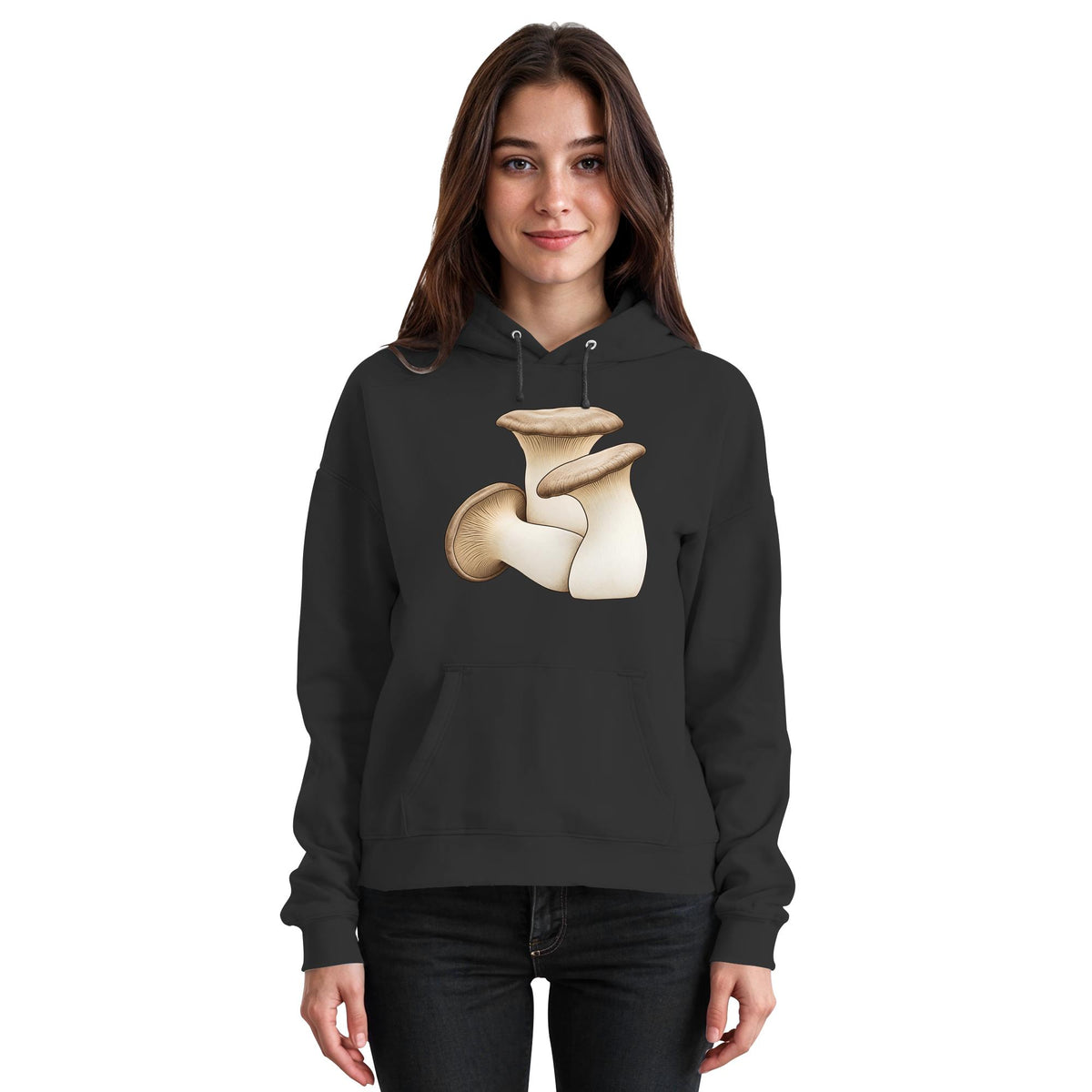 Kräuterseitling – Hoodie für Männer und Frauen – Jet Black – Model Frau