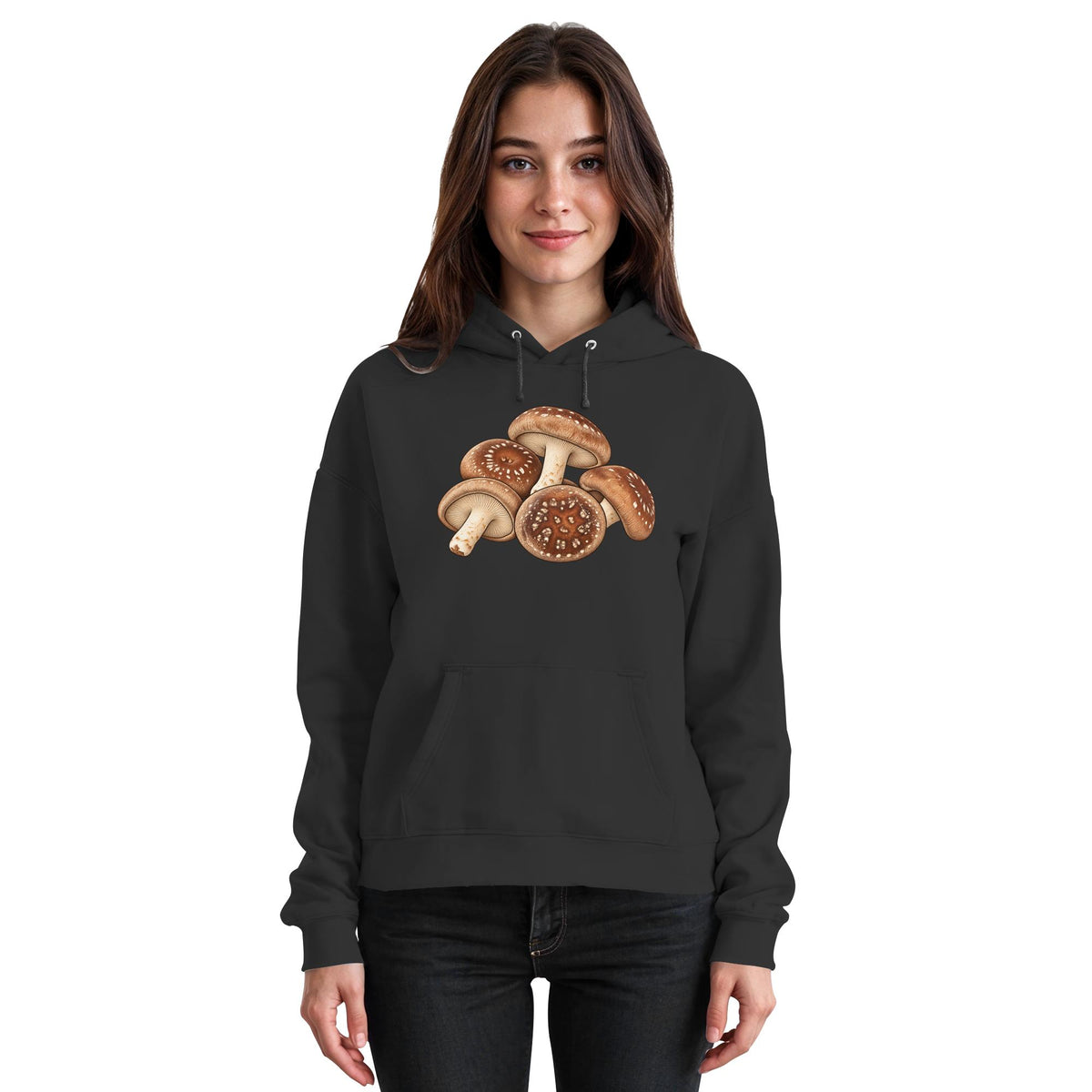 Shiitake – Hoodie für Männer und Frauen – Jet Black – Model Frau