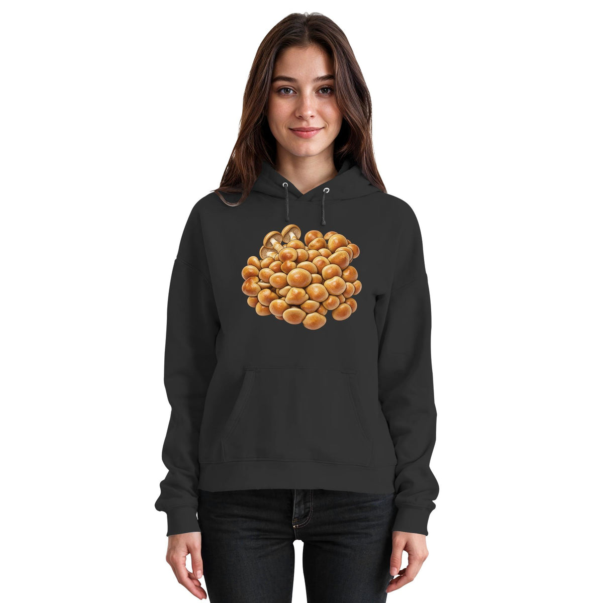 Nameko – Hoodie für Männer und Frauen – Jet Black – Model Frau