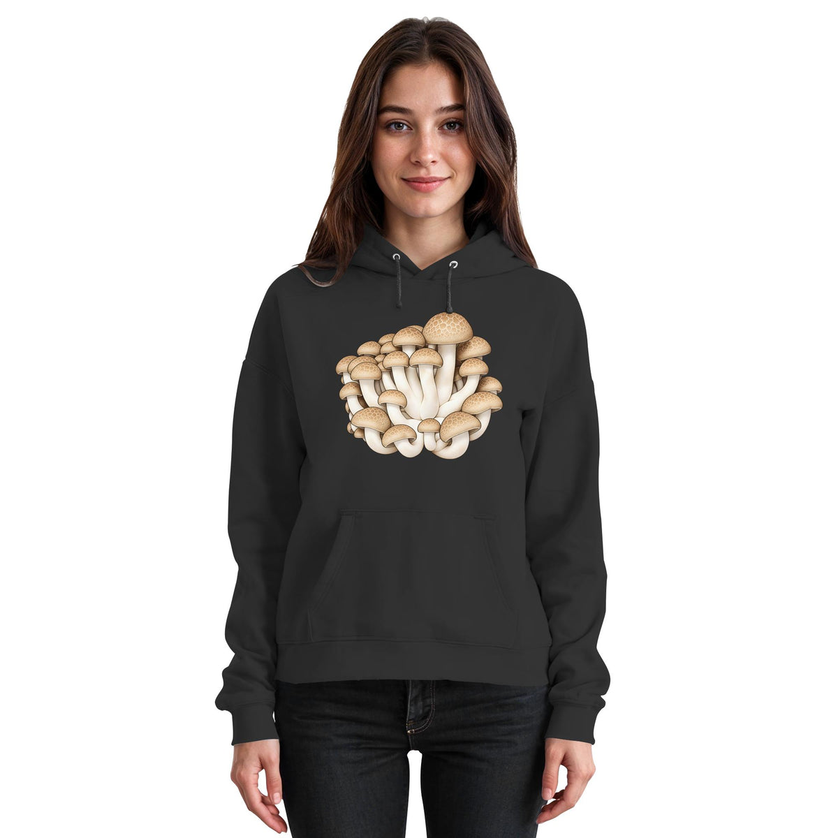 Brauner Shimeji – Hoodie für Männer und Frauen – Jet Black – Model Frau
