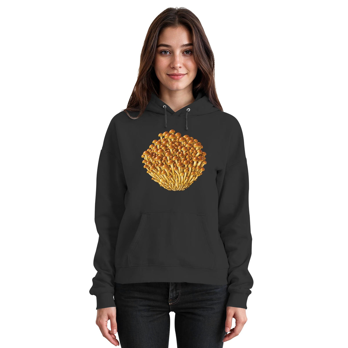 Golden Enoki – Hoodie für Männer und Frauen – Jet Black – Model Frau