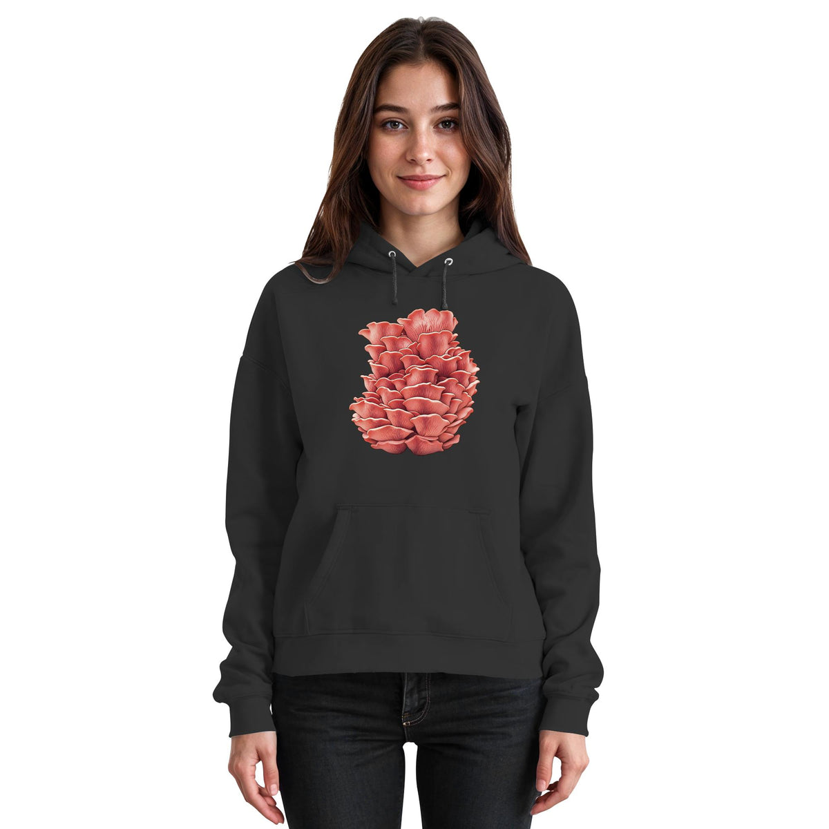Rosenseitling – Hoodie für Männer und Frauen – Jet Black – Model Frau