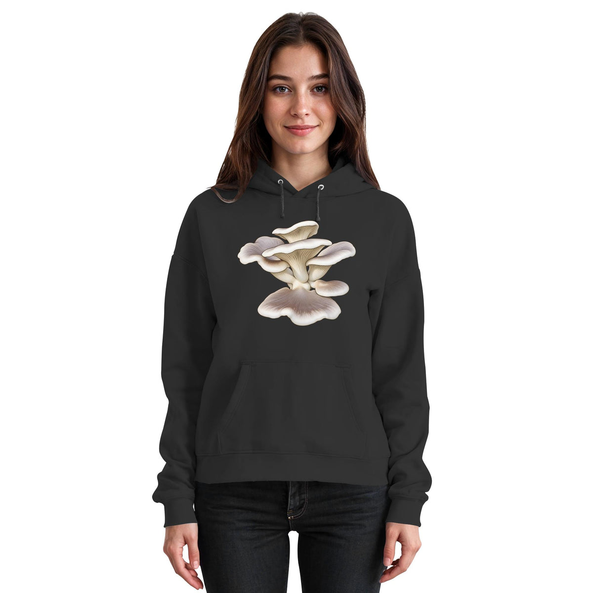 Estragonseitling – Hoodie für Männer und Frauen – Jet Black – Model Frau