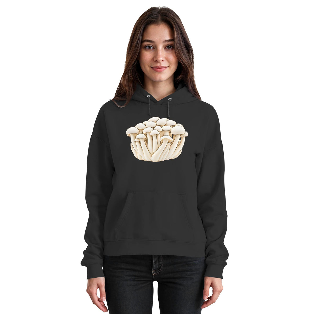Weißer Shimeji – Hoodie für Männer und Frauen – Jet Black – Model Frau