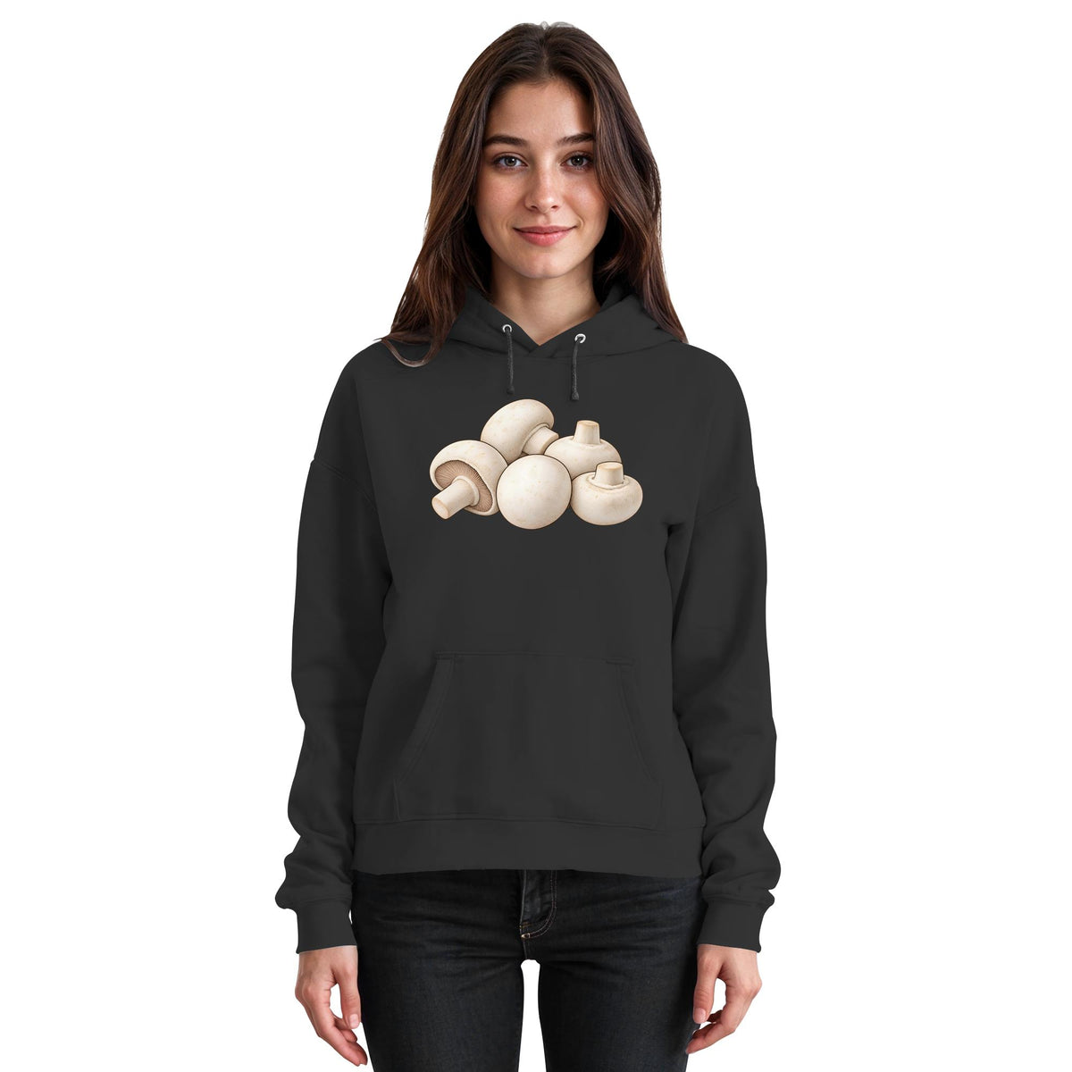 Champignon – Hoodie für Männer und Frauen – Jet Black – Model Frau