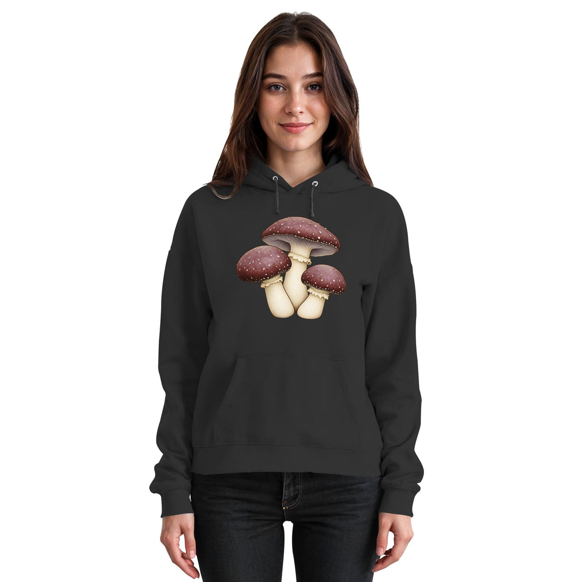 Braunkappe – Hoodie für Männer und Frauen – Jet Black – Model Frau
