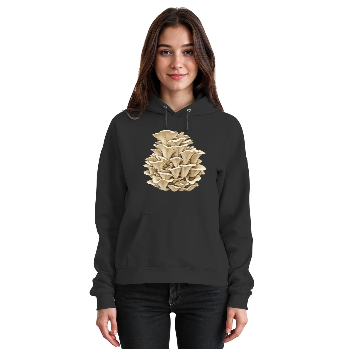 Rillstieliger Seitling – Hoodie für Männer und Frauen – Jet Black – Model Frau