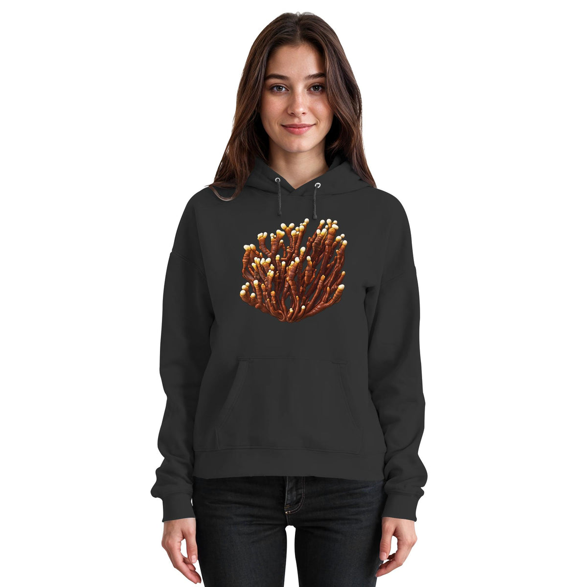 Reishi – Hoodie für Männer und Frauen – Jet Black – Model Frau