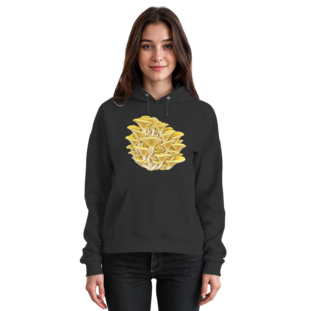 Limonenseitling – Hoodie für Männer und Frauen – Jet Black – Model Frau