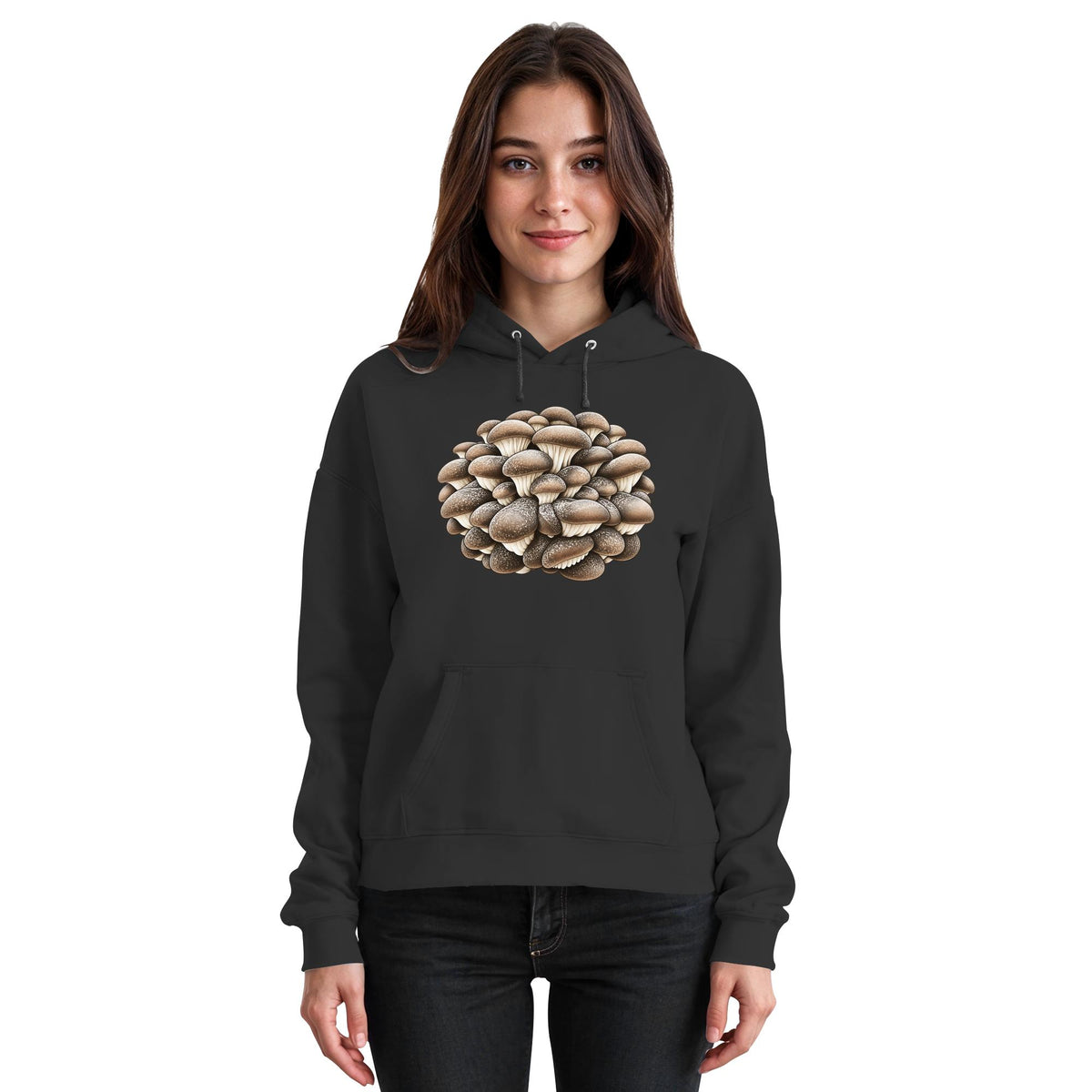 Wilder Austernseitling – Hoodie für Männer und Frauen – Jet Black – Model Frau