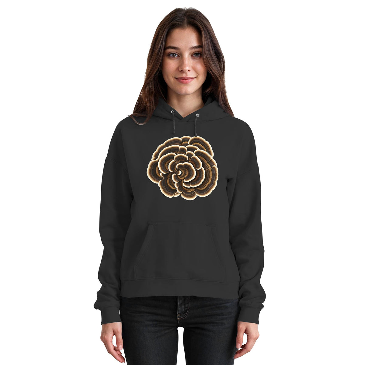 Schmetterlingstramete – Hoodie für Männer und Frauen – Jet Black – Model Frau