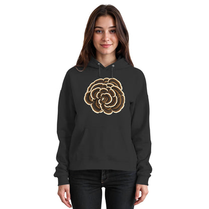 Schmetterlingstramete – Hoodie für Männer und Frauen – Jet Black – Model Frau