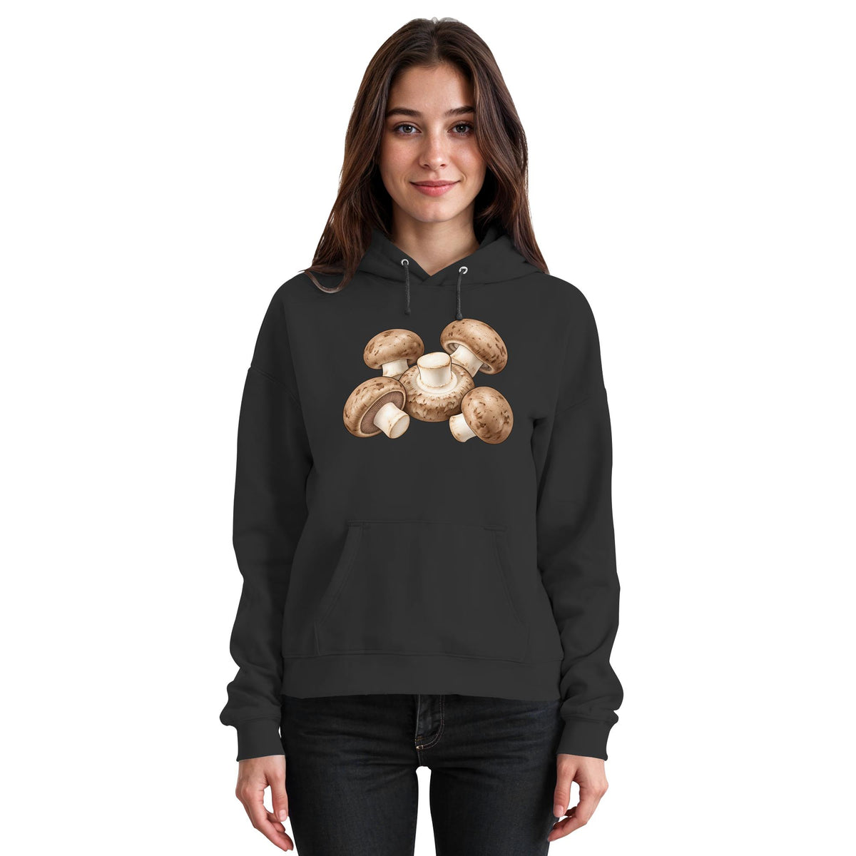 Brauner Champignon – Hoodie für Männer und Frauen – Jet Black – Model Frau