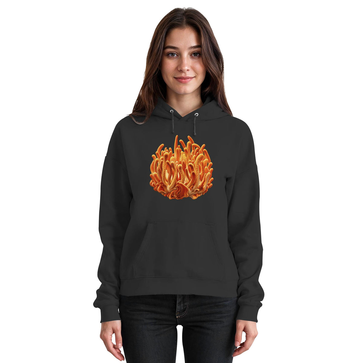 Puppenkernkeule – Hoodie für Männer und Frauen – Jet Black – Model Frau