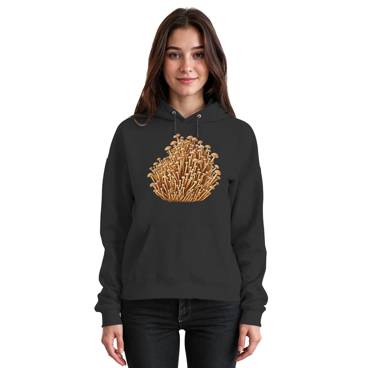 Knoblauchschwindling Hoodie – Schwarz – Model Frau
