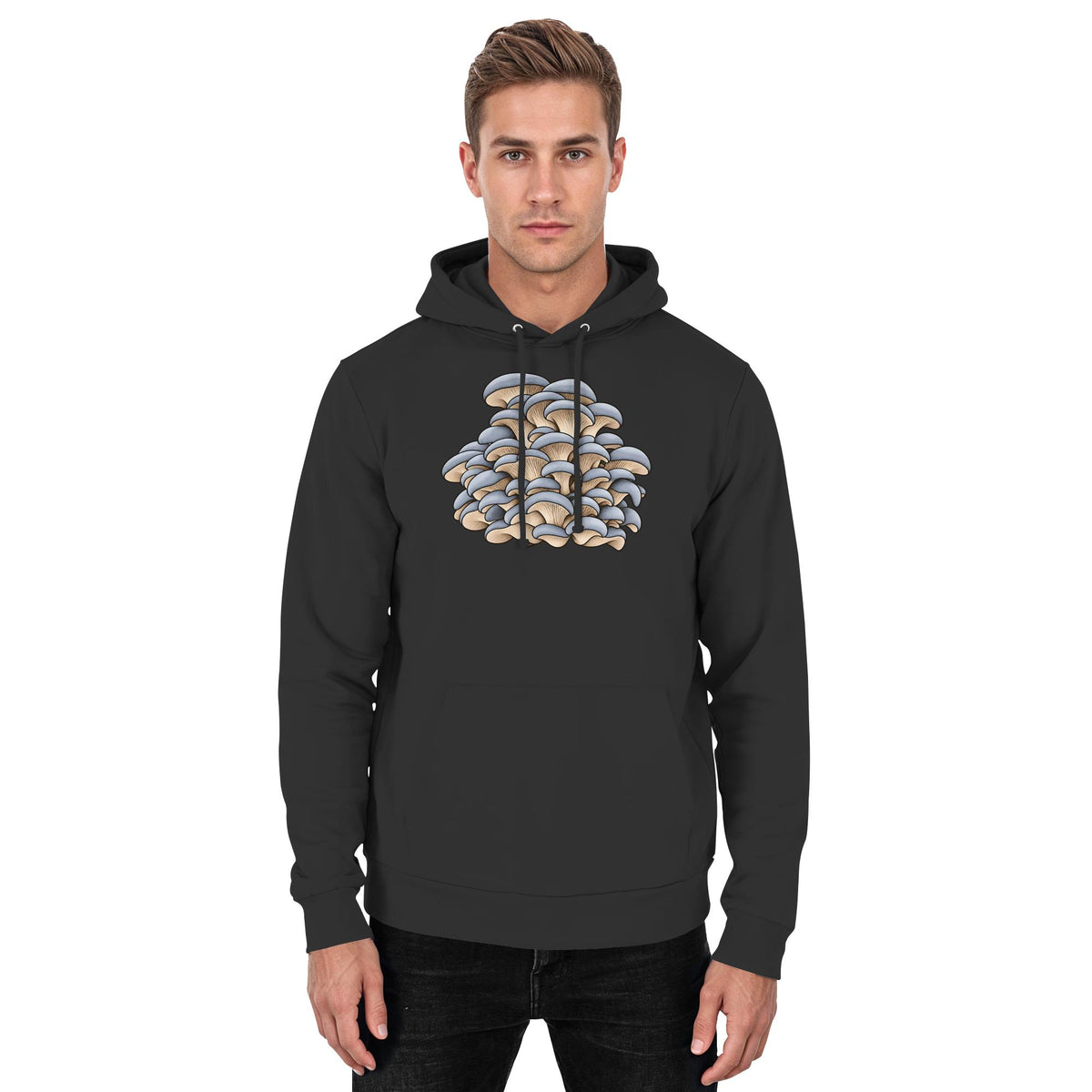 Austernseitling Blaugrau – Hoodie für Männer und Frauen – Schwarz – Modelansicht