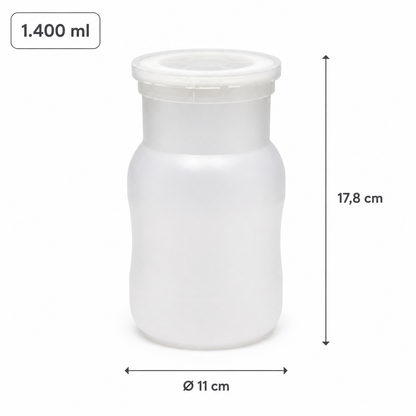 Maße der Pilzzuchtflasche: 1.400 ml, Durchmesser 11 cm, Höhe 17,8 cm
