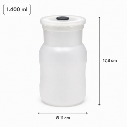 Maße der Pilzzuchtflasche mit Impfport: 1.400 ml, Durchmesser 11 cm, Höhe 17,8 cm